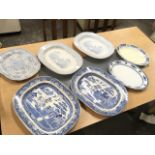Seven nineteenth century blue & white ashets - willow pattern, Asiatic Pheasant, a pair with