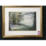 Fred Lawson, pastel, woodland scene with trees & bluebells, signed & dated 1943, mounted & gilt