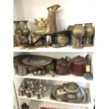 A quantity of brass and metal ware including pairs of vases, jugs, silver plate, a pair of door