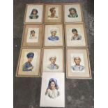 Ten watercolour bust portraits of Burmese characters, the studies all signed KM and titled - a