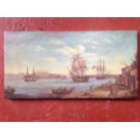 JM Whicloa, a canvas print with nineteenth century ships and figures on quayside, unframed.