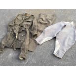 A set 50s army battledress - jacket & trousers; a pair of 1941 jodhpurs with leather patches; and