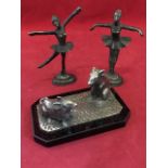 Bronze, a pair, ballet dancers on scrolled bases with oval plinths, not signed; and a base metal