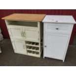 A pine topped cabinet with tongue & grooved cupboards and wine rack - lacking drawer; and a white