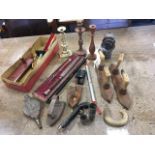 Miscellaneous items including a cased horn handled carving set, candlesticks, a pair of