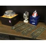 A boxed Edinburgh Crystal flower bowl; a set of four pierced brass door finger plates with screws;