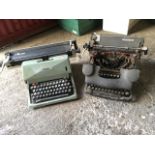 Two Italian Olivetti typewriters - one 70s Model 82 in green metal case, the other 50s in grey