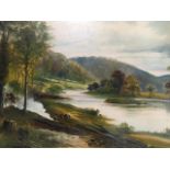 G Willis Pryce, oil on board, water landscape with figures working in woods, signed & gilt framed.