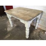A nineteenth century painted hardwood table with rectangular scrubbed moulded plank top on bulbous