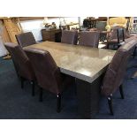 A contemporary marble & leather dining table and chair set, the rectangular slab top supported in