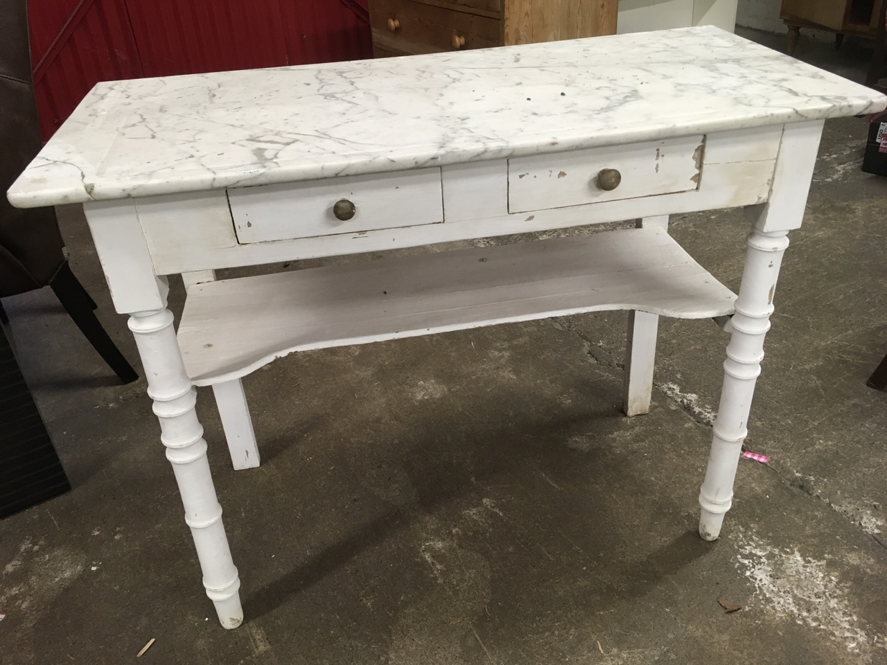 A Victorian marble top washstand, the moulded slab above a frieze with twin knobbed drawers, - Image 2 of 6