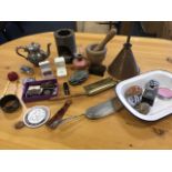 Miscellaneous items including a Victorian copper funnel, a pestal & mortar, two bronze medals, a