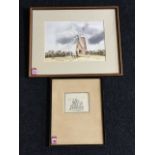 J Lacewood, watercolour of a windmill, signed, mounted & framed; and a Goulson pen & ink study of