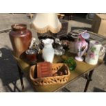 Miscellaneous items including an eagle, an enamelled glass jug, a satsuma tablelamp with shade, a