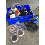 Miscellaneous tools including drills, a pair of Pioneer car speakers, a plane, gun cleaning brushes,