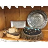 A scalloped European pewter plate embossed with crown & fleur-de-lils crest; a Victorian beadwork