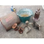 Miscellaneous metal items - a painted galvanised tub, cast iron scales, an enamelled knight firetool