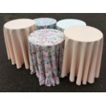 Two pairs of circular cloth covered lamp tables, and another similar. (5)