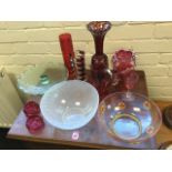 Miscellaneous ruby/cranberry glass including vases, a jug, a frosted Brierley studio bowl, other