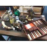 Miscellaneous items including a cased backgammon set, a balloon glass with ceramic cat & mouse, a
