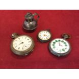 Two Victorian European silver pocket watches with enamelled dials; a brass pocket watch by Ingersol;