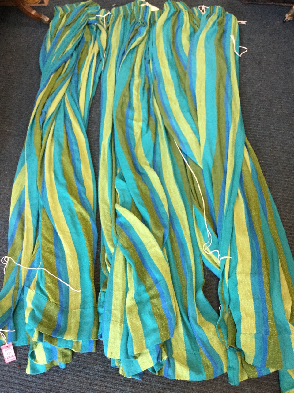 Two pairs of striped green, turquoise and blue curtains with box pleats. (4) (81in)
