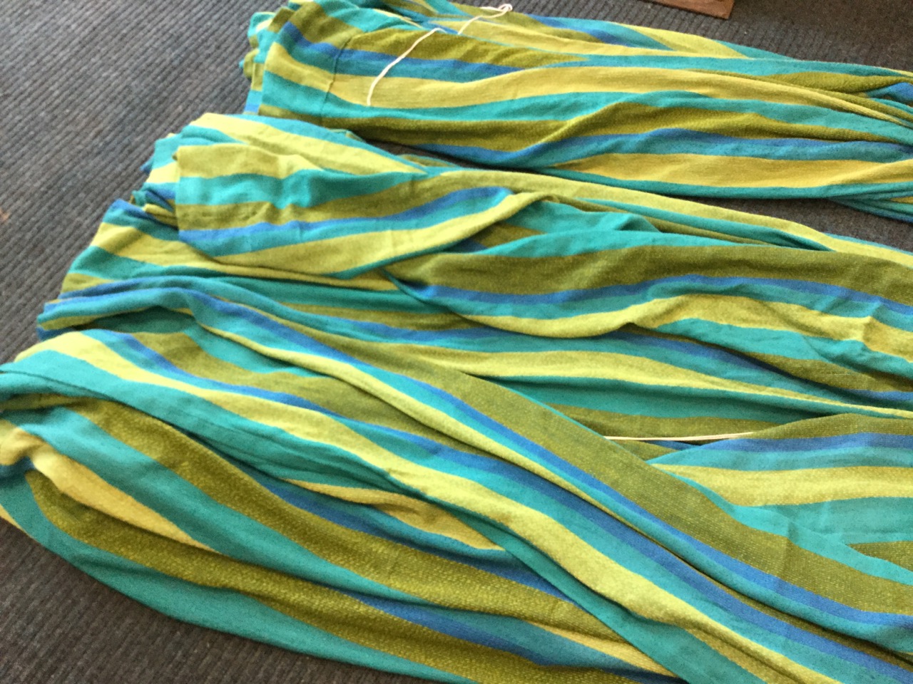 Two pairs of striped green, turquoise and blue curtains with box pleats. (4) (81in) - Image 3 of 3