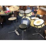 A Premier drum kit, complete with stool, bass, tenor, snare and tom-tom drums, cymbals, hi-hat,