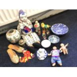 Miscellaneous oriental ceramics and dolls, etc., including figures, a blue & white bowl, a cloisonné