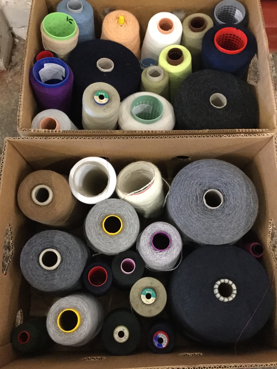 Two boxes of spools - threads, wool, yarns, cotton, etc. (35)