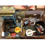 Miscellaneous collectors items including a collection of tins, some early tools including a cased