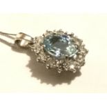 An 18ct white gold aquamarine & diamond cluster pendant, the oval claw set aquamarine of over a