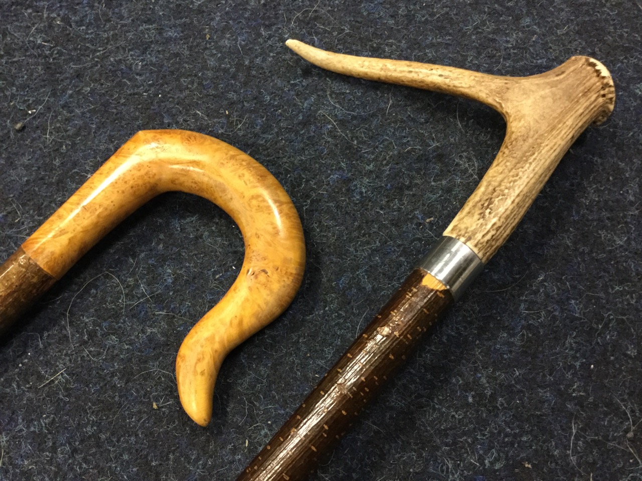 A hazel stick mounted with carved burr hardwood crook; and another of similar length having staghorn - Image 3 of 6