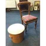 A 60s teak coal bin stool of tapering drum form with flat lid, the interior having galvanised bucket