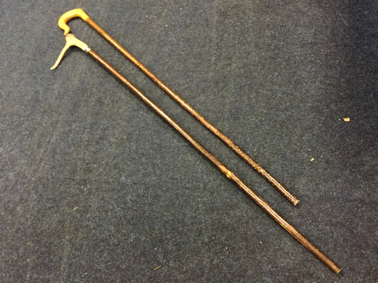 A hazel stick mounted with carved burr hardwood crook; and another of similar length having staghorn - Image 6 of 6