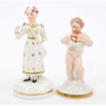 Two early 19th century Staffordshire figures of a lady and a putto with fruit, on circular bases,