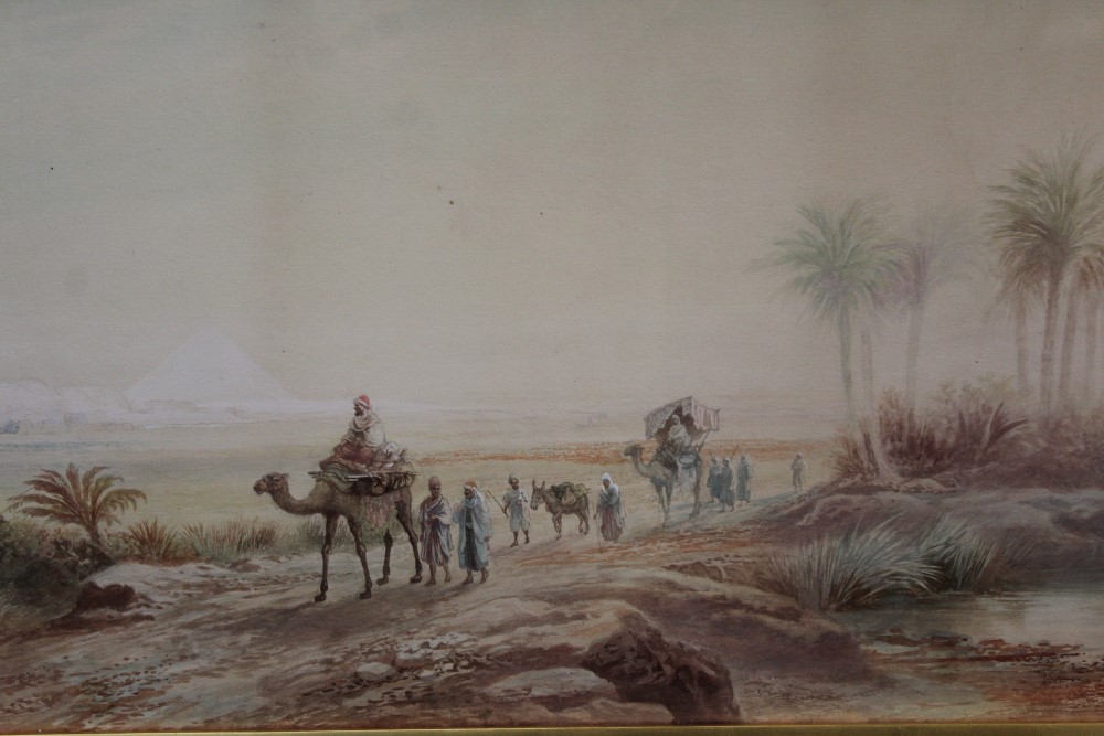 Frederick Goodall (1822 - 1904), watercolour - desert scene with a camel train by an oasis, - Image 2 of 5