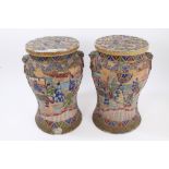 Pair early 20th century Japanese Satsuma earthenware garden seats with boldly enamelled Court