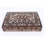 Late 19th century Chinese hardwood box with ornate inlaid carved ivory figure, bird,