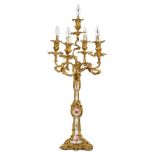 Good quality mid-19th century ormolu and porcelain candelabrum, converted to a table lamp,