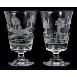 Pair late 19th century glass vases with tapered bucket bowls with finely engraved scenes of