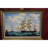 James Hardy, 20th century oil on canvas - an American merchantman off the coast, signed,