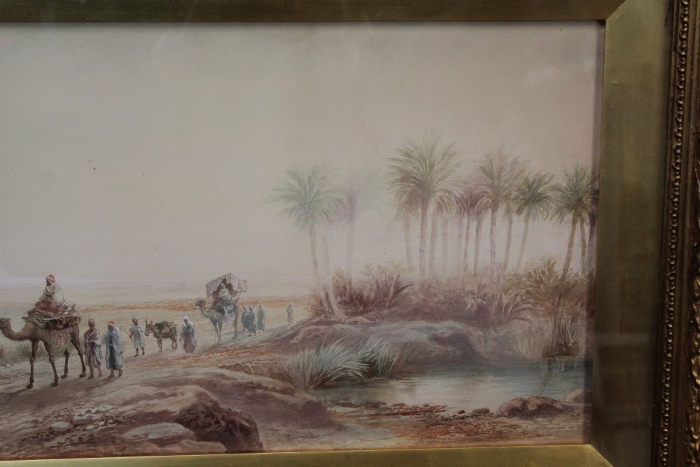 Frederick Goodall (1822 - 1904), watercolour - desert scene with a camel train by an oasis, - Image 3 of 5