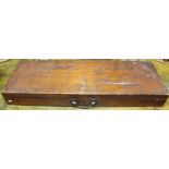 Late Victorian / Edwardian pine gun case with brass handle and velvet-lined interior,