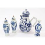 18th century Chinese export blue and white coffee pot and cover with Chinese building and landscape