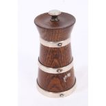 1930s oak and silver mounted pepper grinder in the form of a milk churn,