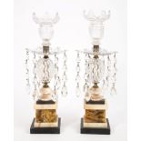 Rare pair of early 19th century cut glass, marble and Derbyshire Blue John lustre candlesticks,