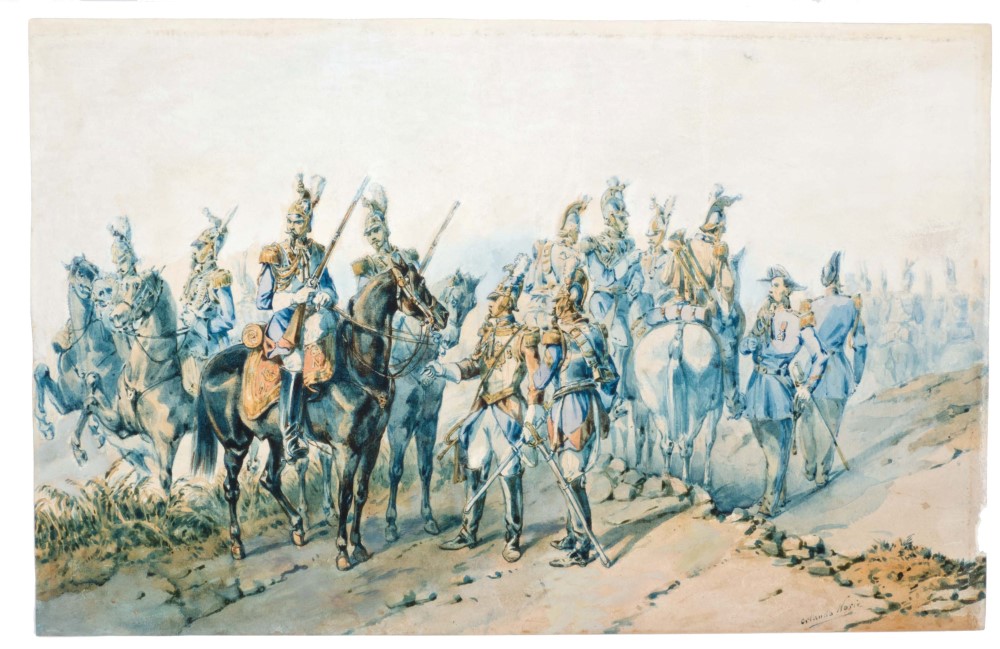 Orlando Norrie (1832 - 1901), watercolour - Les Cent Gardes, signed, 28cm x 43.