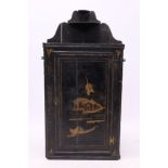 Mid-18th century ebonised and gilt japanned hanging corner cupboard with shelved superstructure and