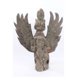 19th century Thai carved wooden and polychrome painted temple deity with outstretched wings